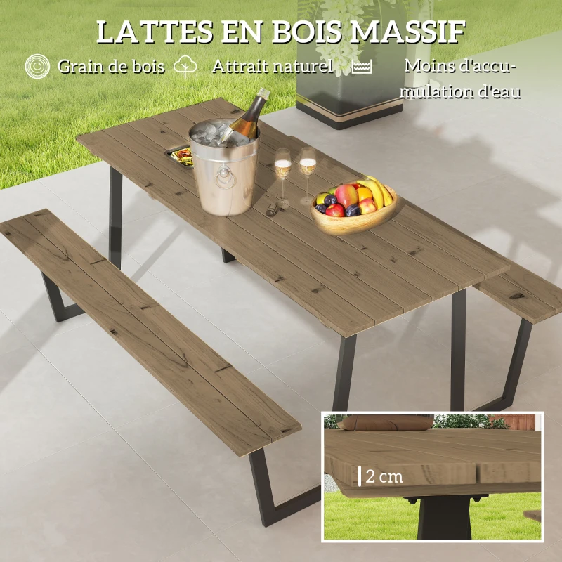 Outsunny Ensemble table et bancs en bois de brasserie, table de pique-nique en bois avec banc, 175 cm, trou pour parasol, marron
