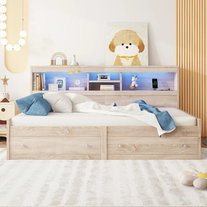 Letto da giorno 90×200 cm, con due cassetti e rete a doghe, senza materasso, Naturale