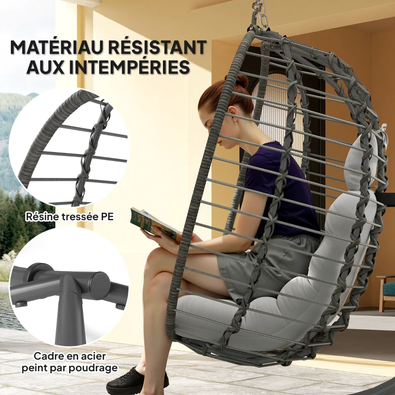 Outsunny Fauteuil suspendu pliable en résine tressée avec support, coussin et oreiller hauteur réglable, gris