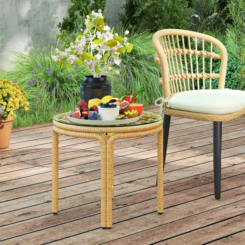 Outsunny Table d'appoint en résine tressée ronde, table basse de jardin avec plaque verre, facile à nettoyer Ø 50 x 44 cm, jaune