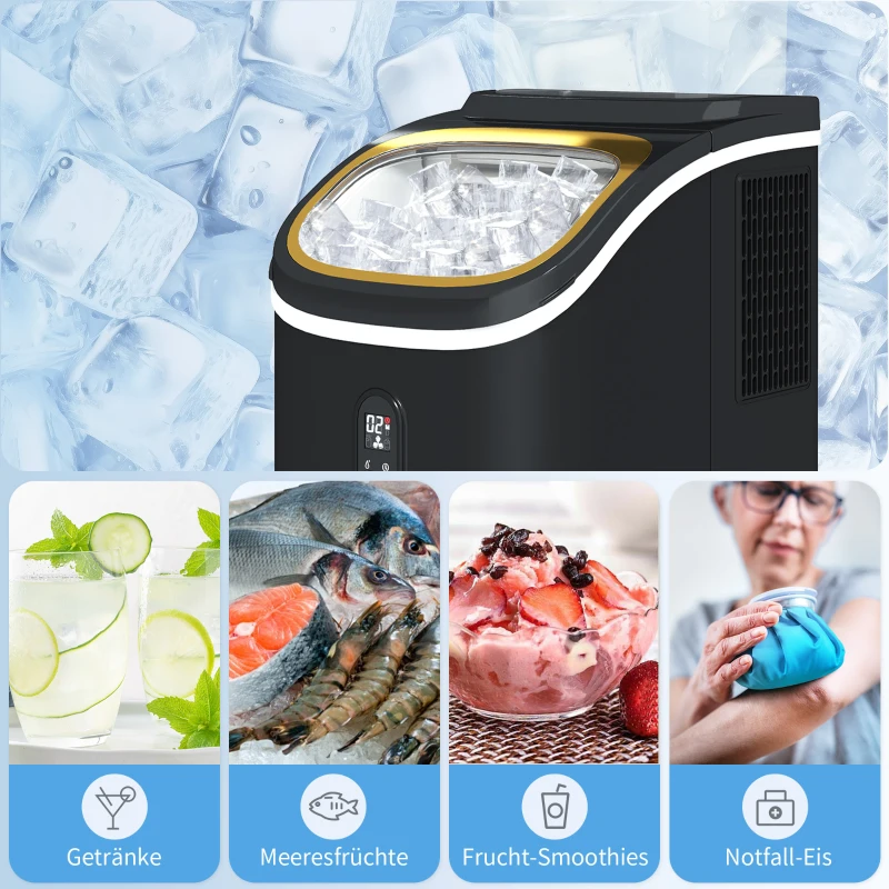 HOMCOM Eiswürfelmaschine, leiser Betrieb, kompaktes Design, mit Eiskorb, Schaufel, Schwarz