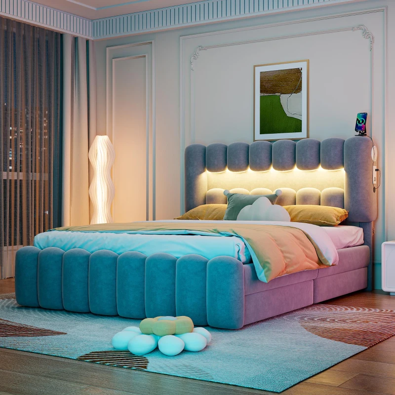 Doppelbett Polsterbett 160x200 mit Schubladen Samtoptik LED-Lichtleiste Grau