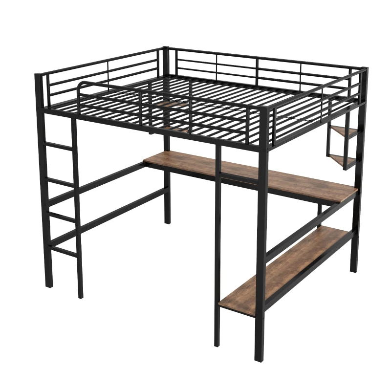 Lit mezzanine 140x200 cm en métal avec bureau et étagères, pour enfants et adultes, sans matelas, Noir