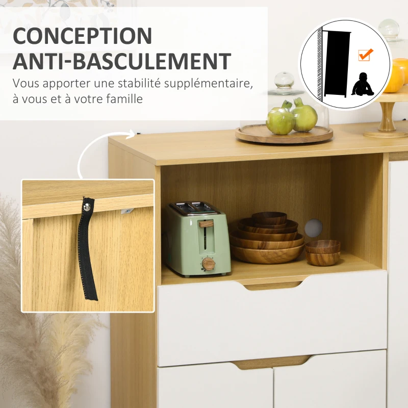 HOMCOM Meuble de rangement cuisine pour micro-ondes, 1 tiroir, 2 placards une étagère, 90 x 40 x 98,5 cm, bois et blanc