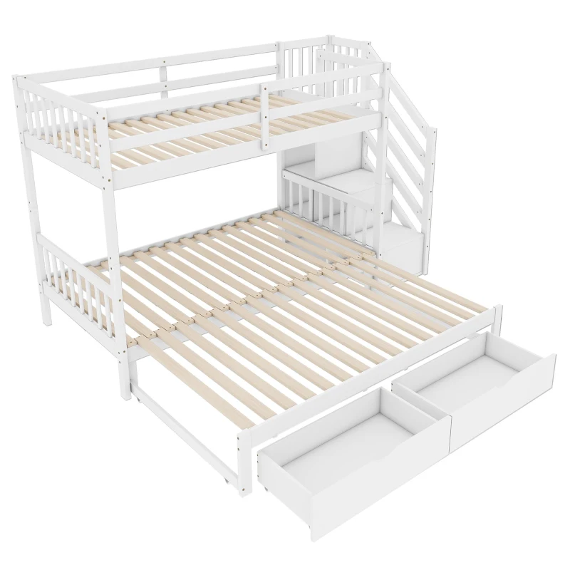 Lit superposé 90x200 cm avec lit gigogne, marches de rangement et deux tiroirs, sans matelas, Blanc(m-9)