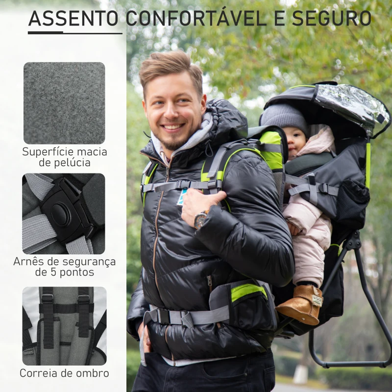 HOMCOM Mochila Porta Bebés Dobrável Mochila Porta Bebés Ergonómica com Capa Impermeável Base de Suporte e Múltiplos Bolsos para 6-36 Meses Carga Máxima 15kg 38x77x87,5cm Verde