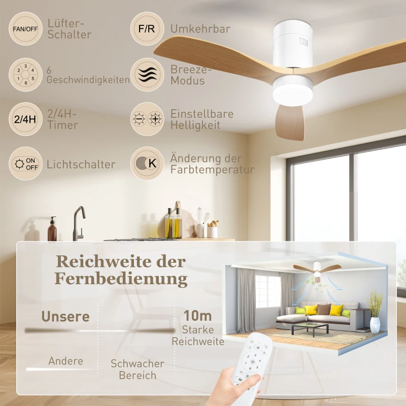 HOMCOM Sufitowy wentylator z oświetleniem LED, 6 prędkości, pilot, jasnobrązowy