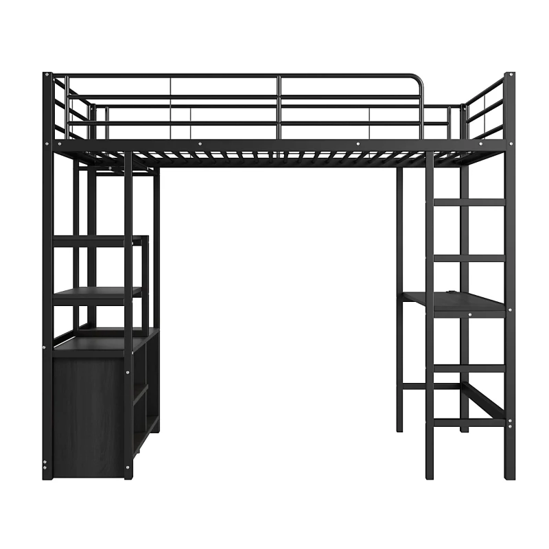 Lit mezzanine avec bureau 90×200 cm, armoire de rangement ouverte, avec garde-corps & échelle, sans matelas, Noir
