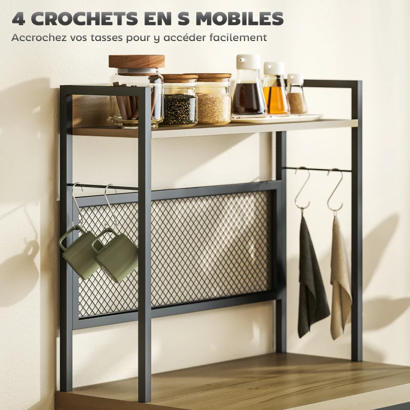 HOMCOM Armoire de cuisine style industriel avec 3 tiroirs, plan de travail, étagère et 4 crochets, 60x40x132cm
