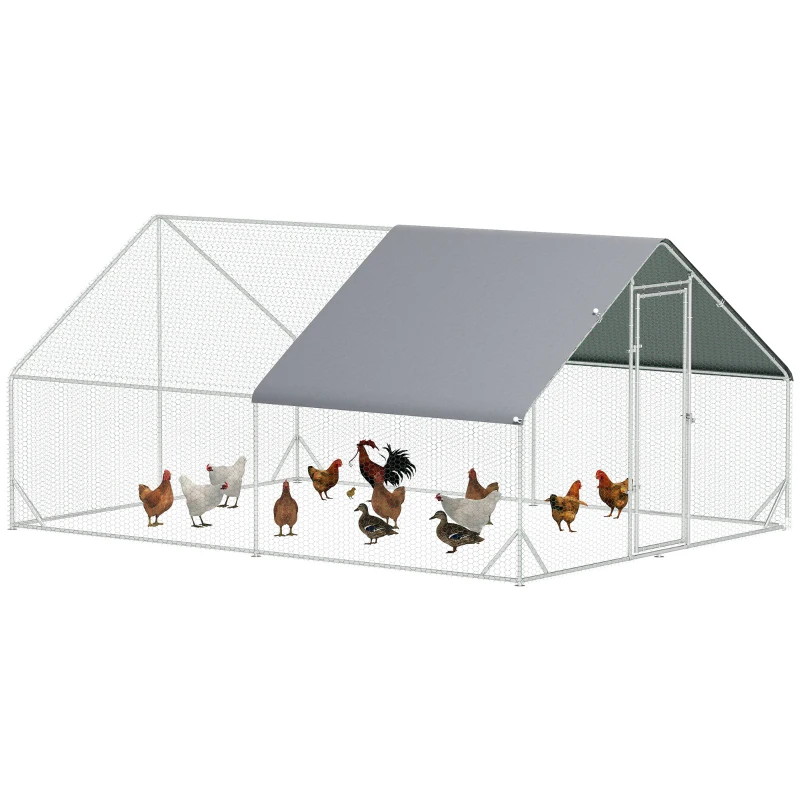 PawHut Gallinero para Exterior Jaula para Gallinas de Acero Galvanizado con Cubierta de PE y Cerradura 3x4x2 m Plata