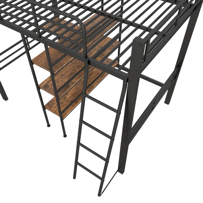 Lit mezzanine avec bureau, étagères, garde-corps et échelle en métal, 90×200 cm, sans matelas, Noir
