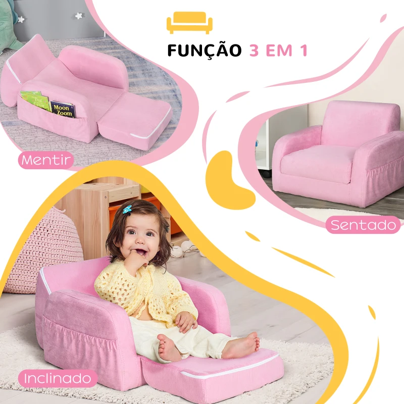 HOMCOM Poltrona Infantil Poltrona 2 em 1 para Crianças Dobrável em 2 Posições com Apoio de Braços e Assento Acolchoado 47x45x38cm Rosa