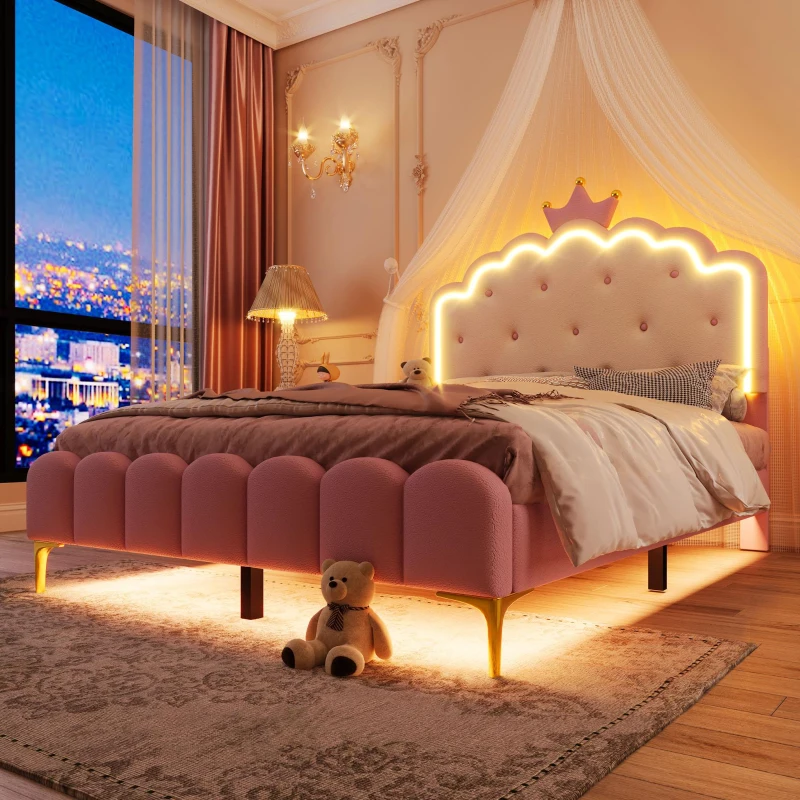 Lit rembourré 140x200 cm avec sommier à lattes, éclairage d'ambiance et forme de princesse, sans matelas, Rose