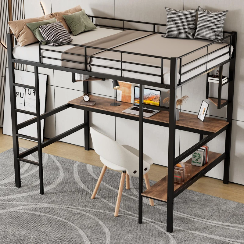 Lit mezzanine en métal 90x200 cm avec bureau et étagères, pour enfants et adultes, sans matelas, Noir