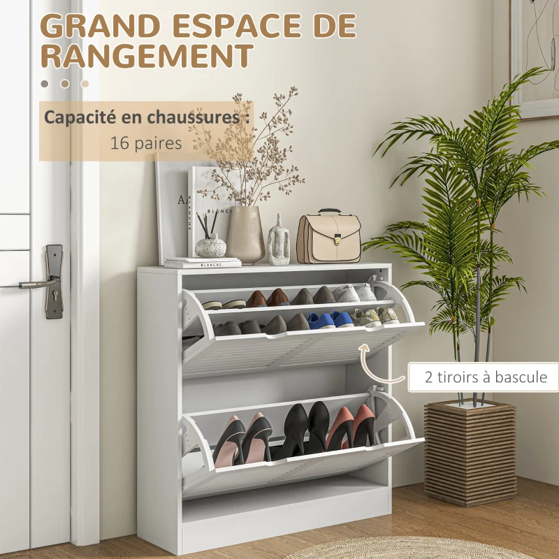 HOMCOM Meuble à chaussures d'entrée à 2 tiroirs et étagères réglables pour 16 paires de chaussures, blanc