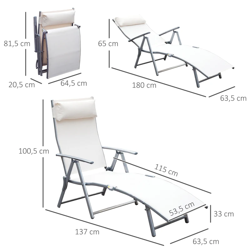 Outsunny Set de 2 Tumbonas de Jardín Plegables con Respaldo Ajustable Almohada y Reposabrazos 137x63,5x100,5 cm Beige