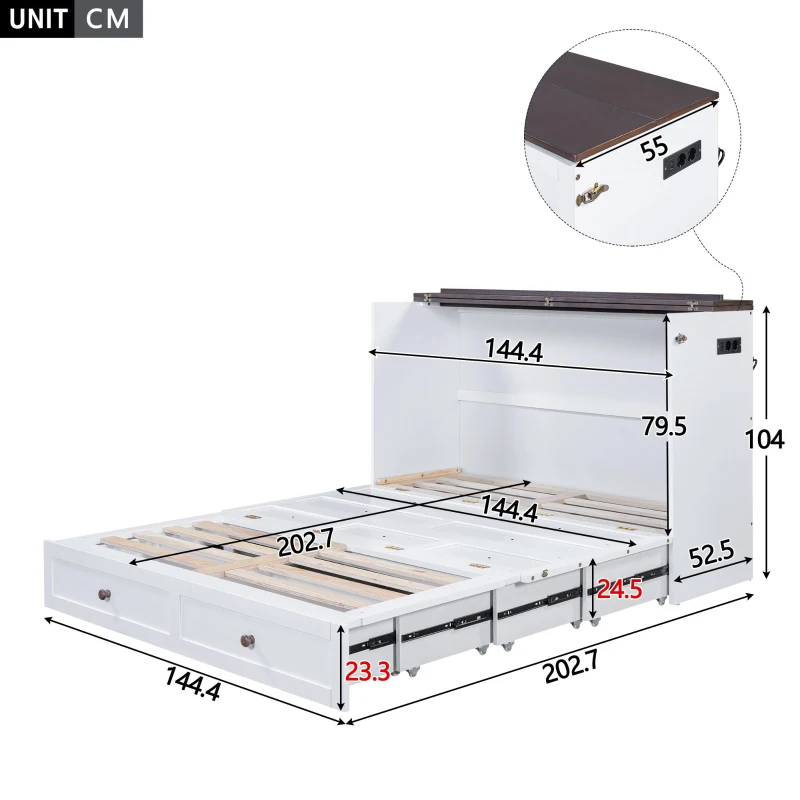Lit escamotable 140x200 cm, lit plateforme mobile avec tiroirs et étagère, convertible et gain de place, sans matelas, Blanc
