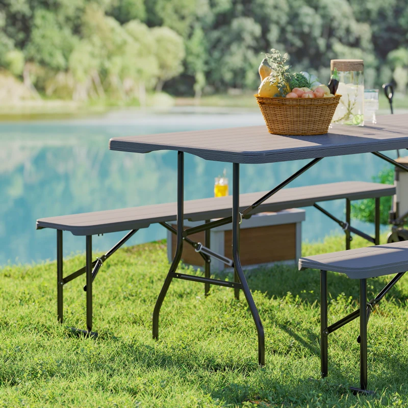 Outsunny Conjunto de Camping Plegable de Mesa y Bancos Imitación Madera para Exterior 180x74x74 cm y 182x28x42 cm Marrón