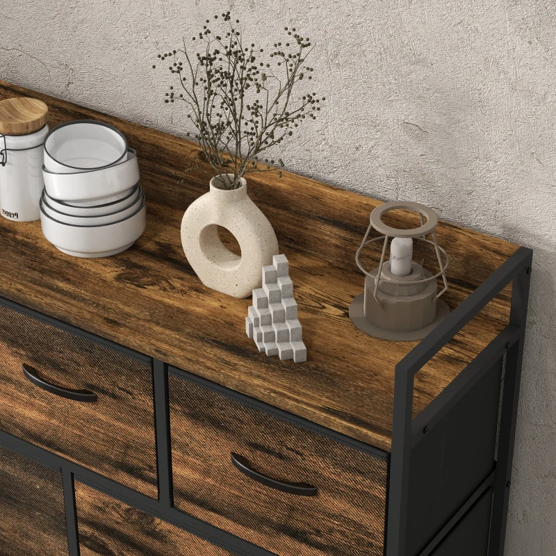 HOMCOM Ladenkast, Dressoir met 7 Stoffen Laden, Industrieel Ontwerp, Stalen Frame, 98x29x85cm, Bruin/Zwart