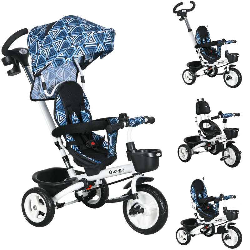 HOMCOM Metal Frame 6 in 1 Baby Push Tricycle with Parent Handle for 1-5 Years Old, Light Blue