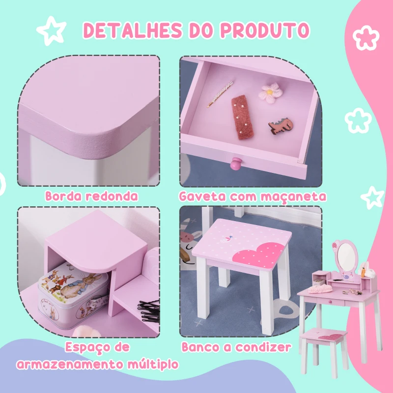 HOMCOM Toucador Infantil com Banco e Espelho Mesa de Maquilhagem Infantil Estilo Princesa de Madeira 59x39x92cm Rosa