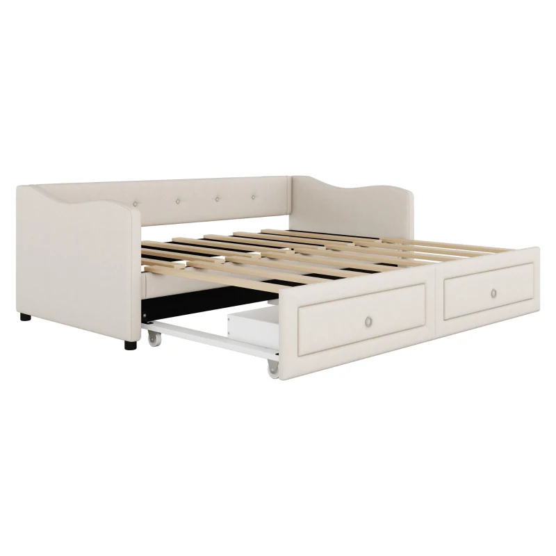 Lit de jour 90x200 cm,avec lit gigogne et 2 tiroirs, sans matelas, Beige(m-7)