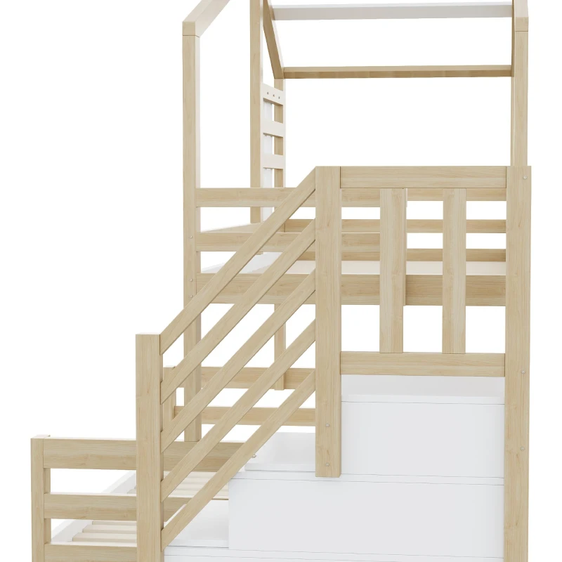 Lit superposé en bois avec design de fenêtre 90×200 cm, avec escalier avec rangement,sans matelas, Naturel