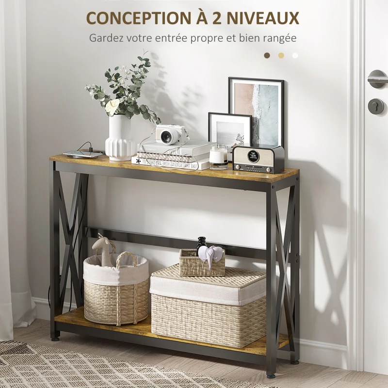 HOMCOM Console meuble étroite à 2 niveaux style industriel avec prises de courant et USB, 100 x 24 x 75 cm, marron