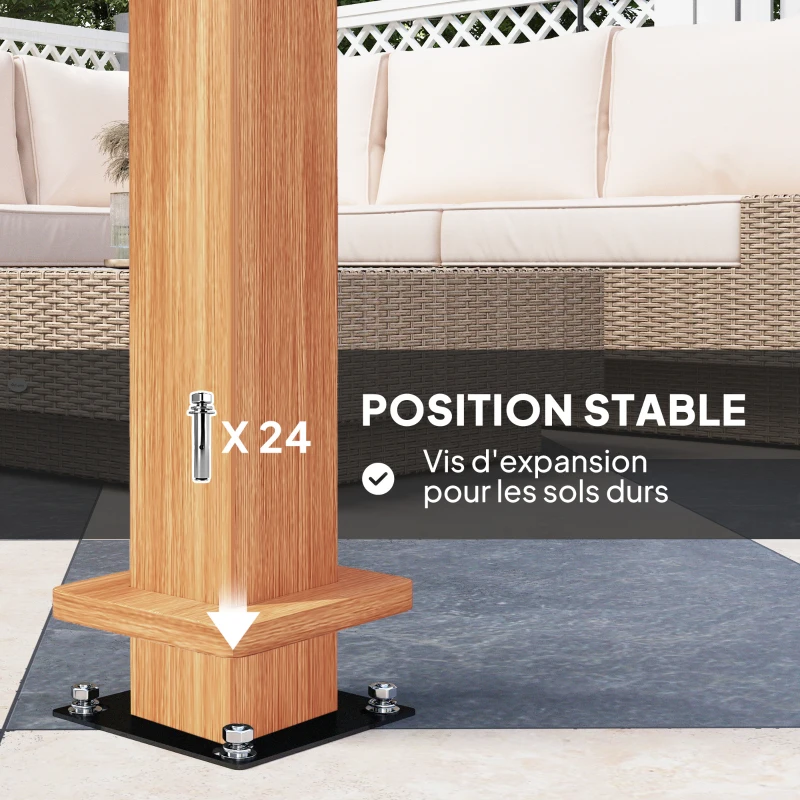 Outsunny Pergola 3 x 6 m  pergola d'extérieur tonnelle avec persiennes manivelle toit réglable en aluminium crochets bois naturel