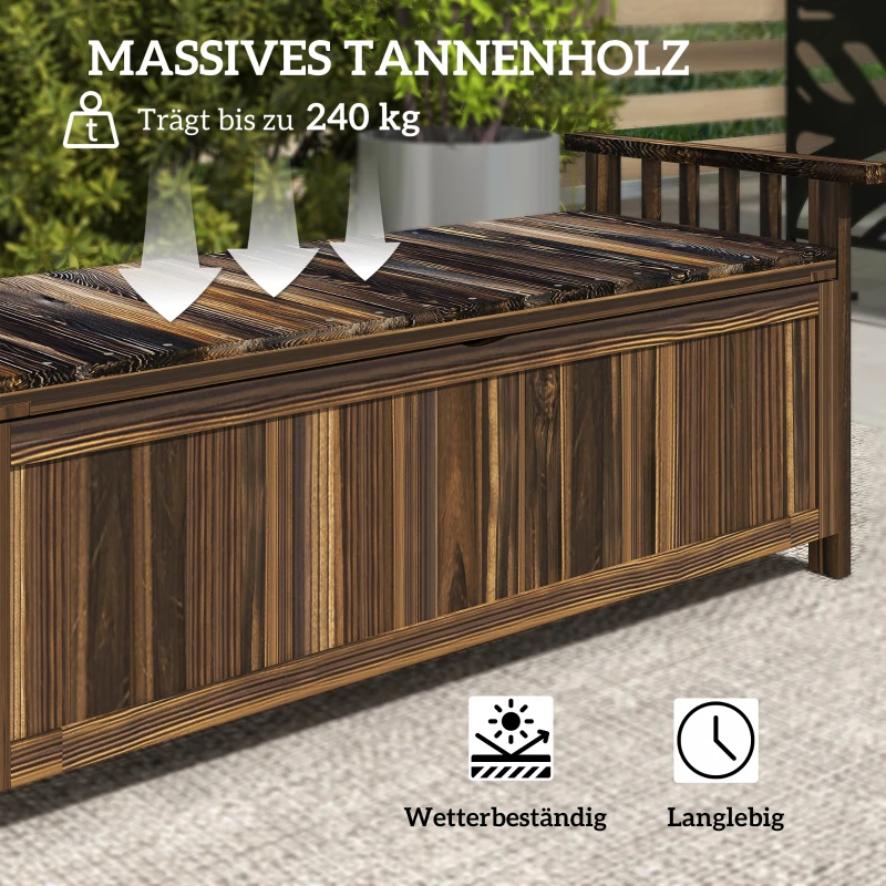 Outsunny 2-Sitzer Gartenbank Holz, wetterfest Sitzbank, Gartenmöbel mit Stauraum Armlehnen 128,5 x 56 x 53,5cm, Verkohlt(m-6)