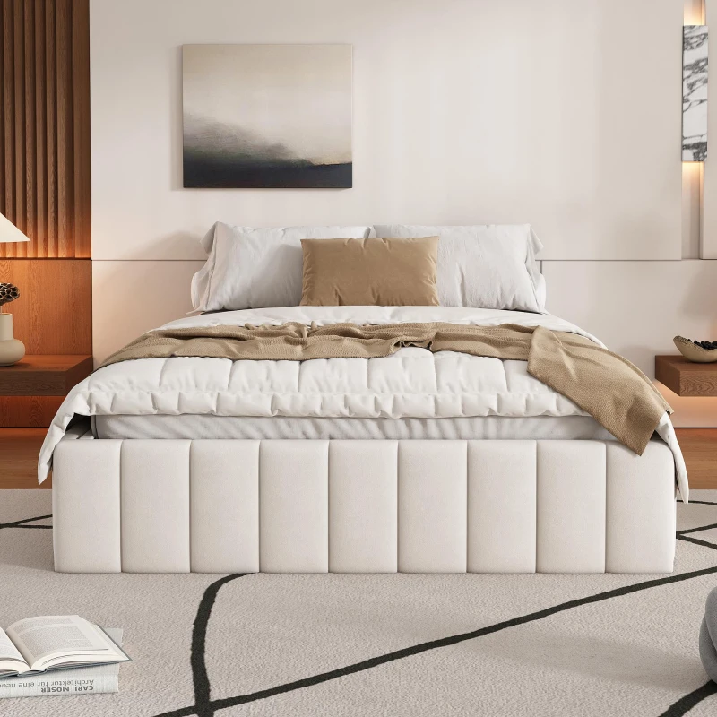 Letto imbottito con rete a doghe 140x200 cm, design minimalista, senza testiera, 4 cassetti contenitori, senza materasso, Beige