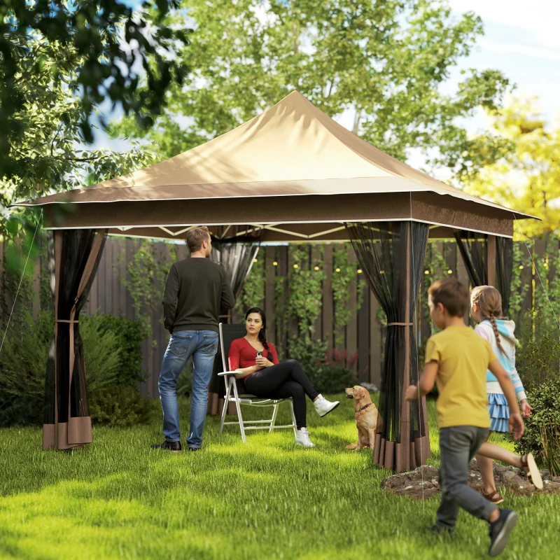 Outsunny Tonnelle de jardin 3,5 x 3,5 m, tente pliante avec 4 moustiquaires, hauteur réglable, sac de transport, beige