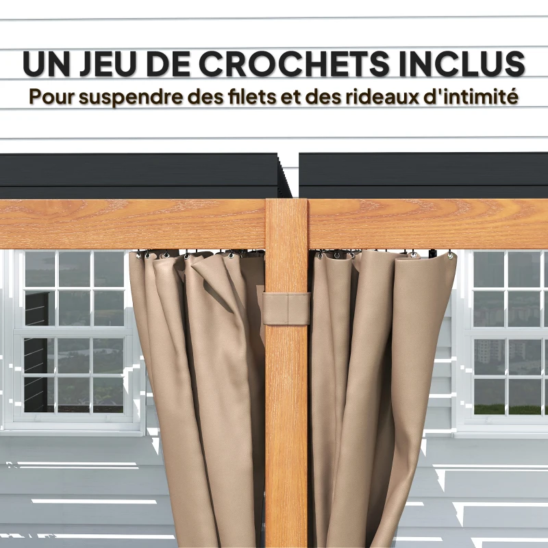 Outsunny Pergola 3 x 6 m  pergola d'extérieur tonnelle avec persiennes manivelle toit réglable en aluminium crochets bois naturel