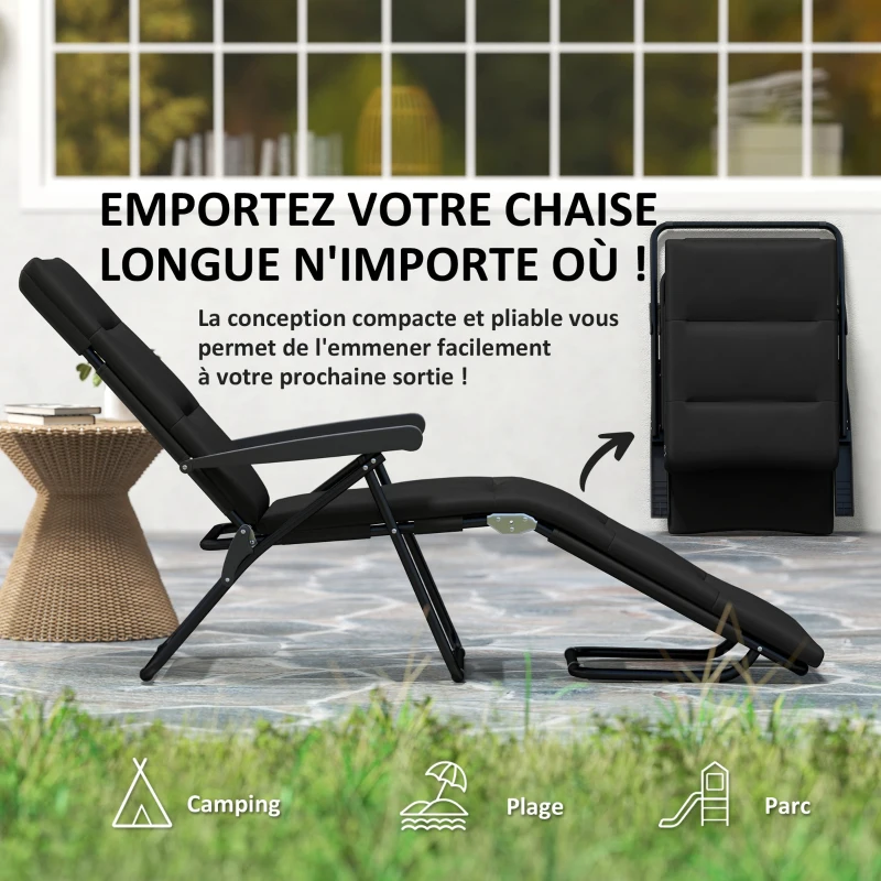 Outsunny Bain de soleil pliable transat inclinable 6 positions avec matelas + accoudoirs acier polyester 153 x 58,5 x 89 cm noir