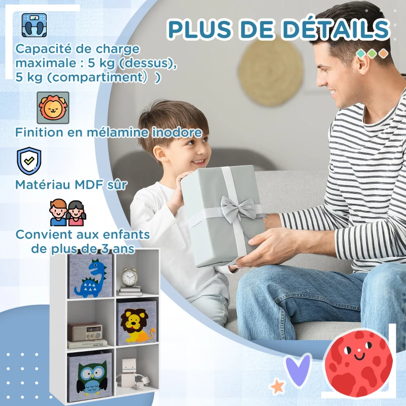 ZONEKIZ Meuble étagère bibliothèque 6 cases 3 cubes paniers en tissu motif animaux pour chambre enfant 62 x 30 x 91,5 cm blanc
