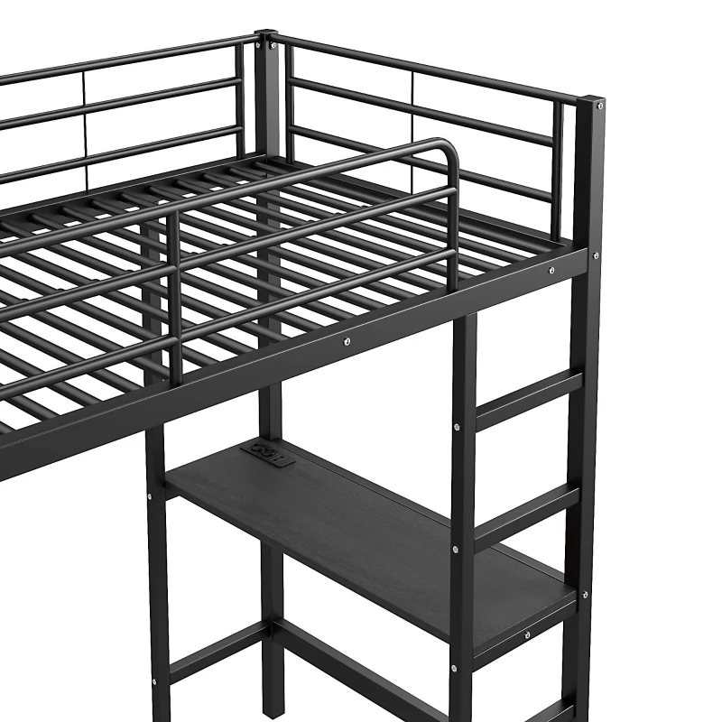 Lit mezzanine avec bureau 90×200 cm, armoire de rangement ouverte, avec garde-corps & échelle, sans matelas, Noir