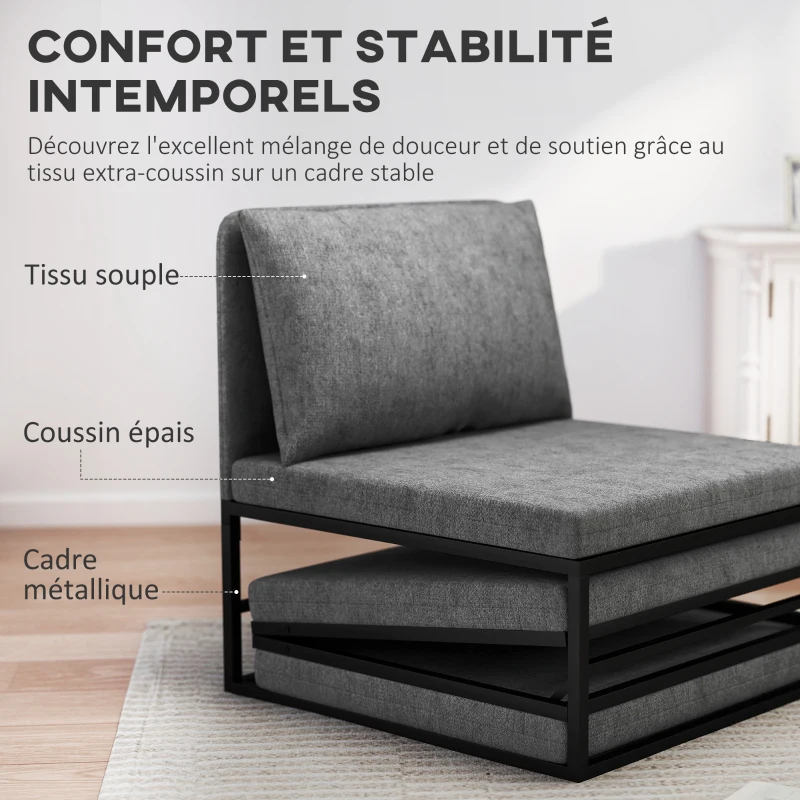 HOMCOM Fauteuil convertible 1 place 2 en 1 pliant avec coussin et housse anti-poussière, pour invités, salon, bureau, gris