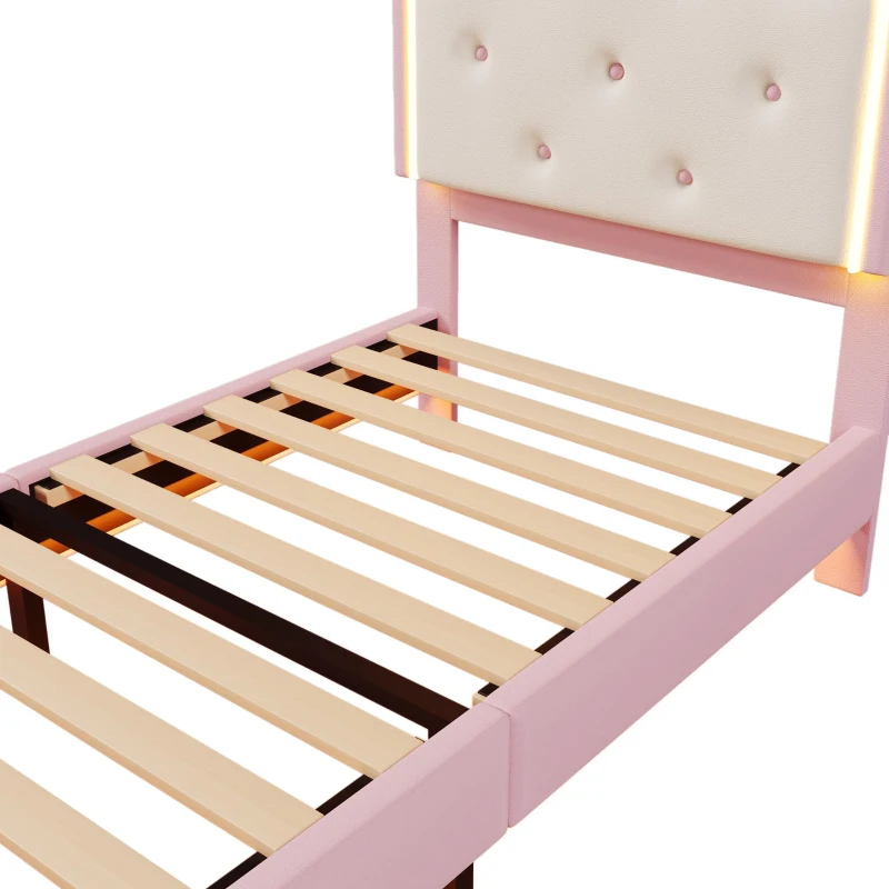 Letto imbottito 90x200 cm con rete a doghe, tema principessa, senza materasso, Rosa