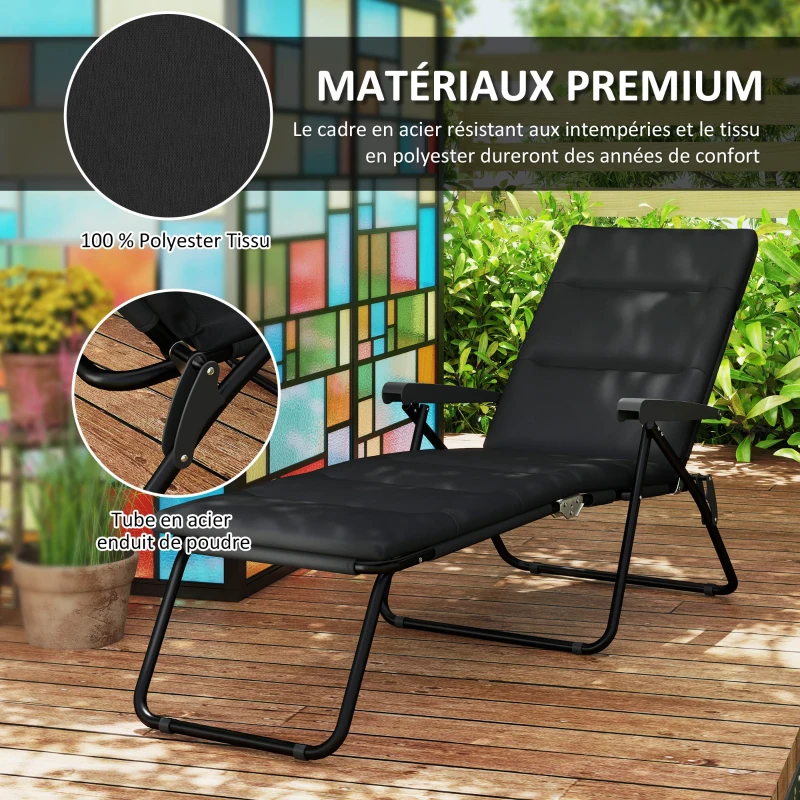 Outsunny Bain de soleil pliable transat inclinable 6 positions avec matelas + accoudoirs acier polyester 153 x 58,5 x 89 cm noir