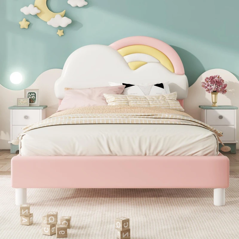 Letto imbottito a forma di arcobaleno con motivo a nuvole 90x200 cm, senza materasso, Rosa