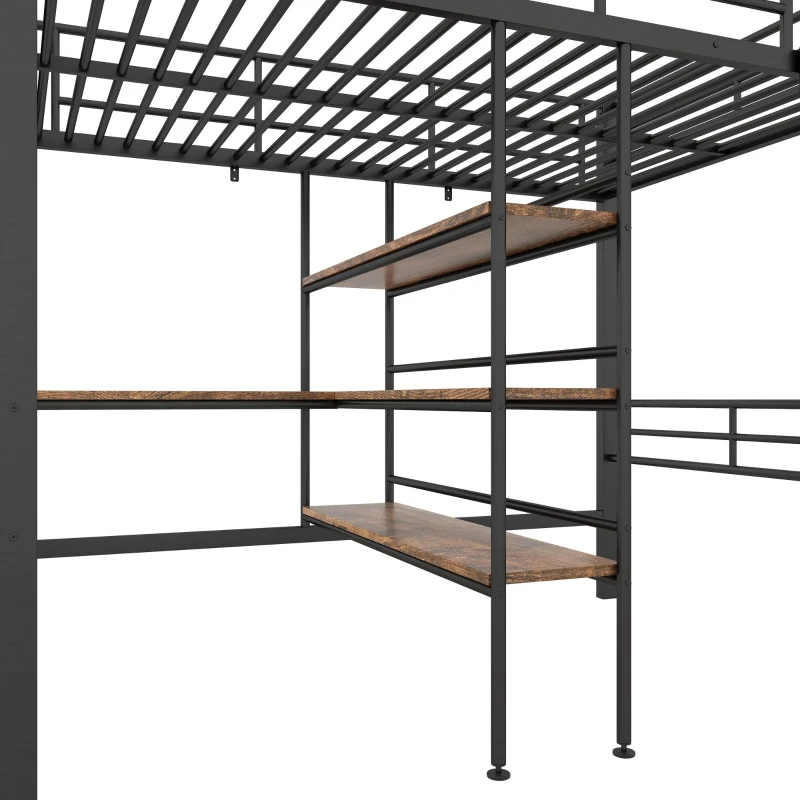 Lit mezzanine avec bureau, étagères, garde-corps et échelle en métal, 90×200 cm, sans matelas, Noir