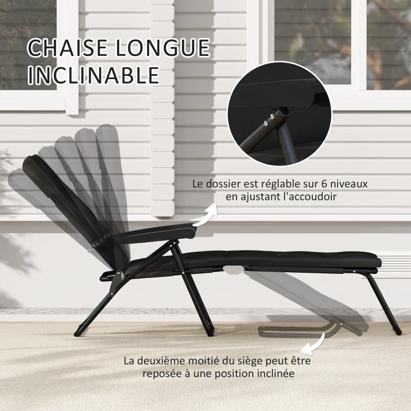 Outsunny Bain de soleil pliable transat inclinable 6 positions avec matelas + accoudoirs acier polyester 153 x 58,5 x 89 cm noir