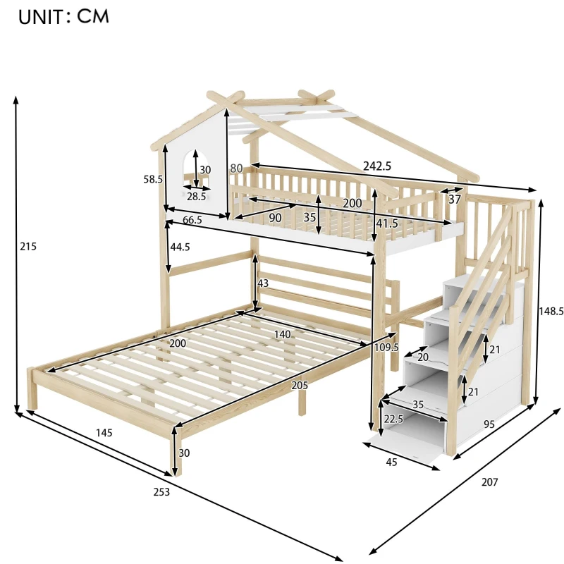 Lit mezzanine 90×200 cm,avec échelle de rangement pour d'enfant,sans matelas, Naturel+Blanc(m-3)