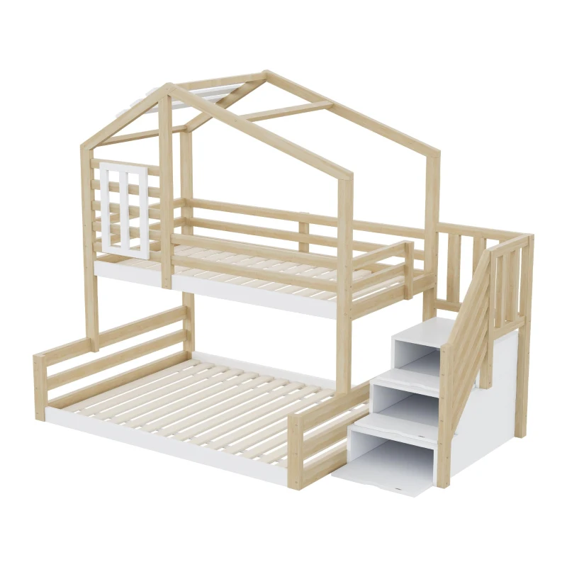 Lit superposé en bois avec design de fenêtre 90×200 cm, avec escalier avec rangement,sans matelas, Naturel