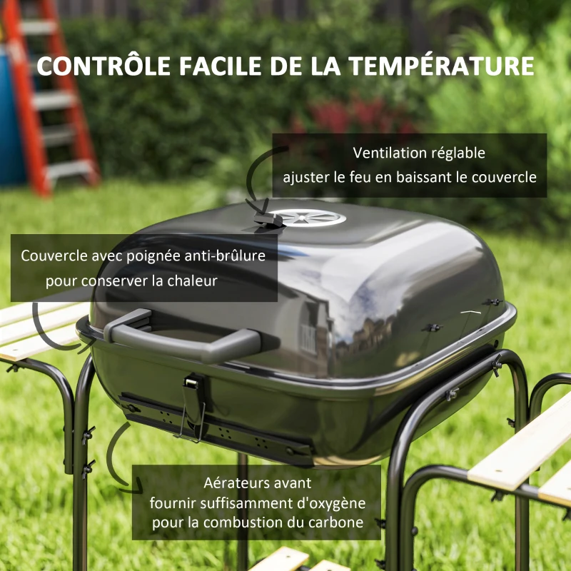 Outsunny Barbecue charbon de bois chariot de cuisson avec surface de cuisson 1840 cm² avec couvercle, étagères et roues, noir