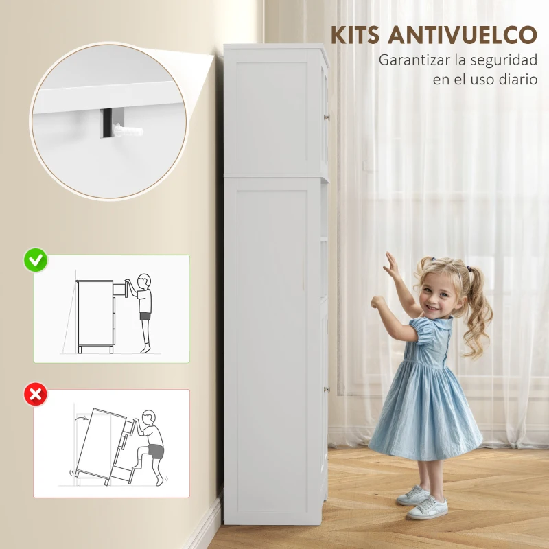 HOMCOM Alacena Alta con Armarios y Estantes Abiertos Puertas de Cristal Estantes Ajustables y Sistema Antivuelco 60x30x145,5 cm