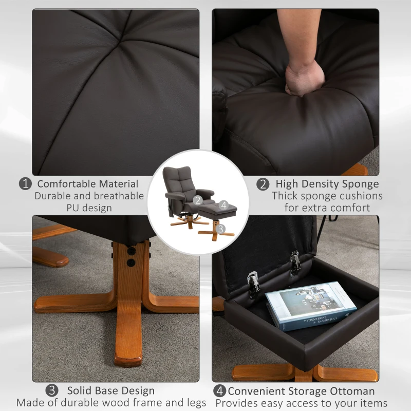HOMCOM massagestoel met ottoman relaxstoel TV-stoel TV-stoel 145 ° helling kunstleer bruin 80 x 86 x 99 cm