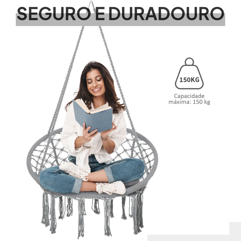 Outsunny Cadeira suspensa redonda Ø60 cm Cadeira de rede de balanço com almofada e corda de algodão para interior e exterior 80x80x42 cm Cinza