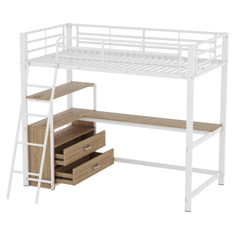 Letto a soppalco con struttura in ferro 90×200 cm, con scrivania a forma di L e cassetti, senza materasso, Bianco
