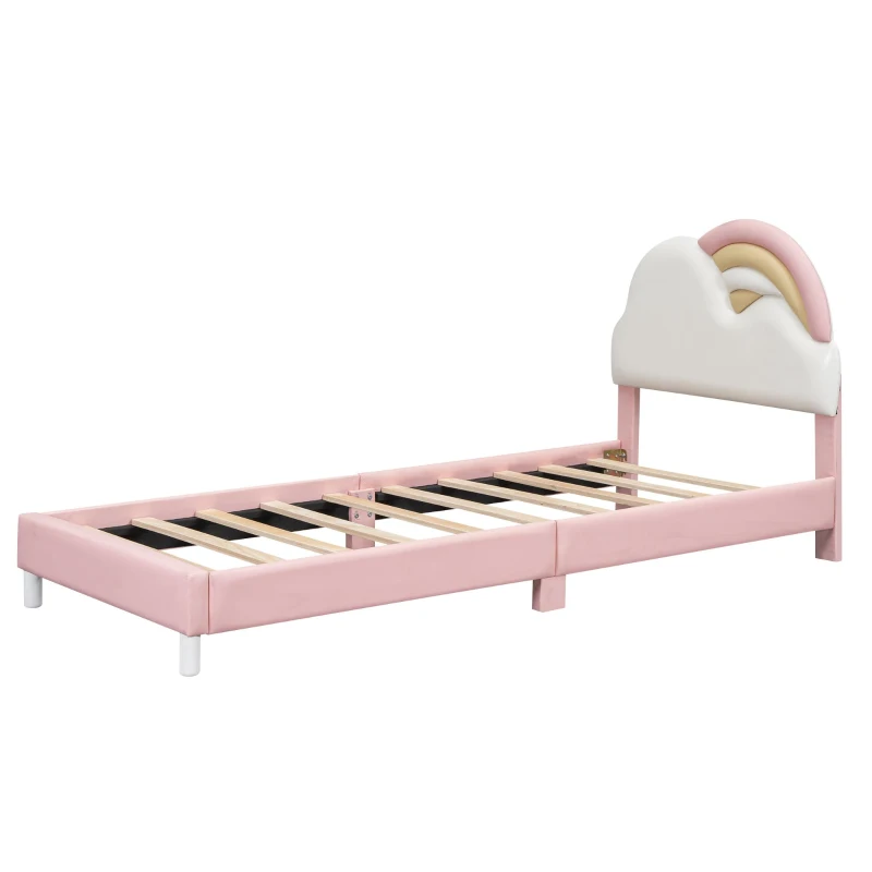Letto imbottito a forma di arcobaleno con motivo a nuvole 90x200 cm, senza materasso, Rosa